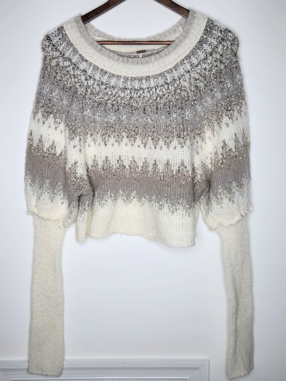 Free People Home For The Holidays Knit Pullover Cream Beige Fair Isle Size M - Picture 3 of 15